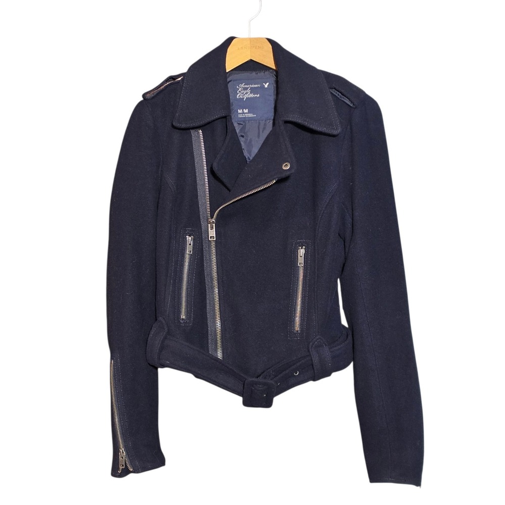 American Eagle Women M Moto Jacket Navy Blue Wool Blend Asymmetrical Zip Belted